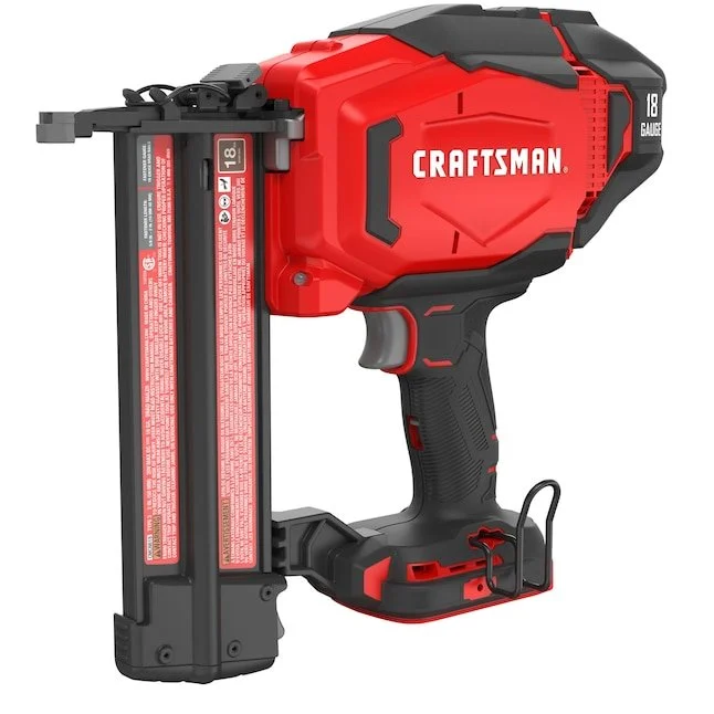CRAFTSMAN V20 cordless 18 gauge straight brad nailer bare tool showing the magazine and red body on a plain background.