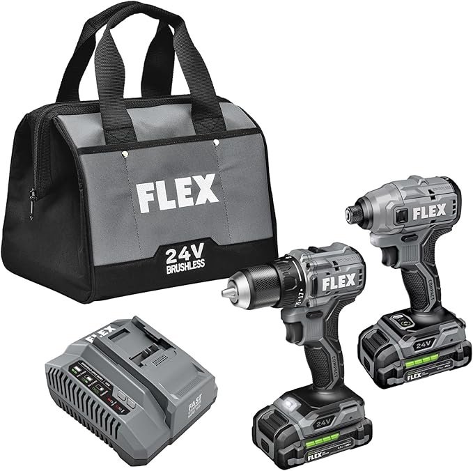 FLEX 24V Brushless Cordless 2 Tool Compact Combo Kit FXM205-2A with drill driver, impact driver, two 2.5Ah batteries, and 160W fast charger on sale at Amazon for $139