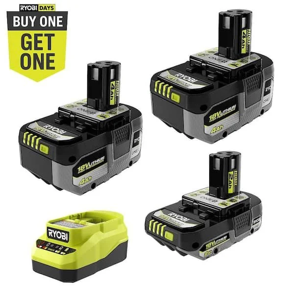 RYOBI ONE+ 18V HIGH PERFORMANCE starter kit with three lithium ion batteries, charger, and free bare tool at The Home Depot.