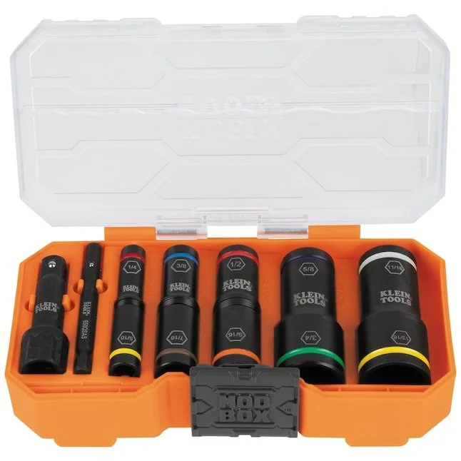 Klein Tools KNECT Heavy Duty Flip Impact Socket Set with color coded pieces inside a clear lid storage case