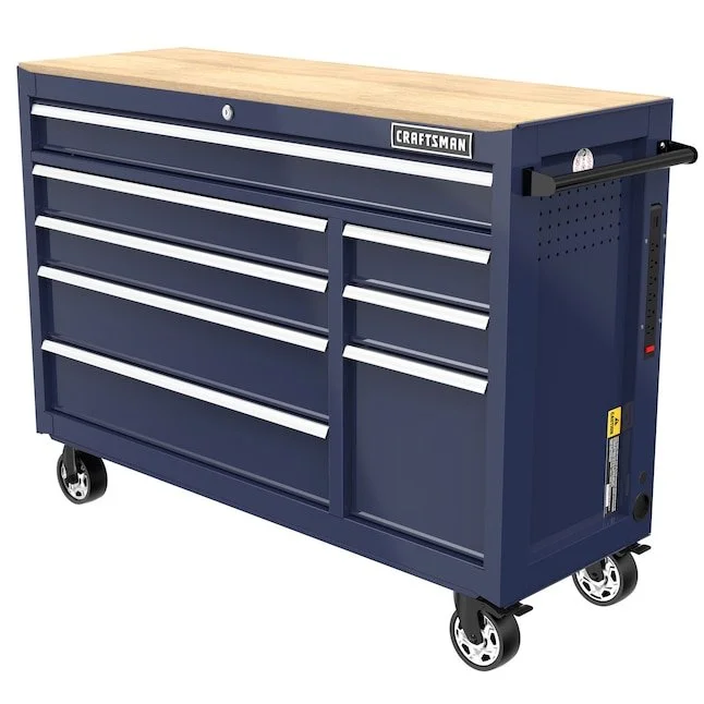 CRAFTSMAN 2000 Series 50 in W x 37.5 in H 8 drawer rolling midnight blue wood workbench with butcher block top and built in power strip on sale at Lowe's for $579.