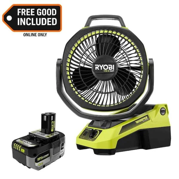 RYOBI ONE+ 18V cordless hybrid WHISPER SERIES 9 in. oscillating fan with 4.0 Ah HIGH PERFORMANCE battery on sale for $139 at Home Depot