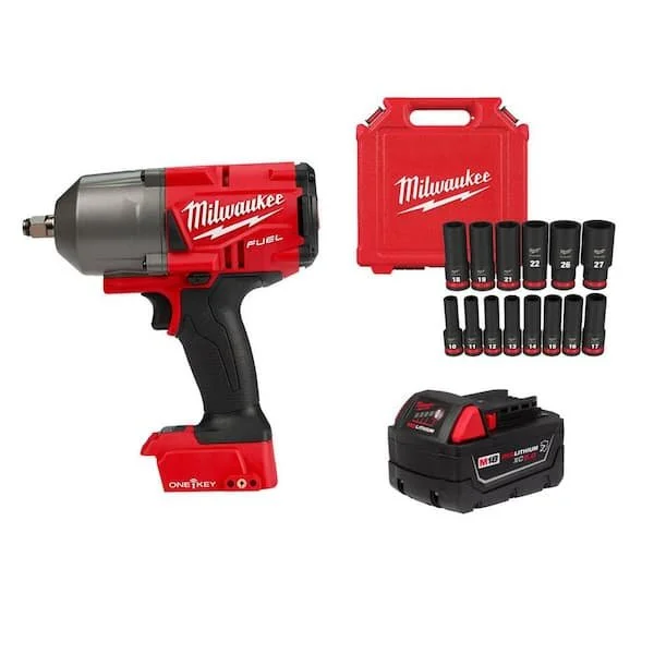 Milwaukee M18 FUEL ONE KEY 1/2 inch high torque impact wrench with 5.0Ah battery and 14 piece SHOCKWAVE socket set