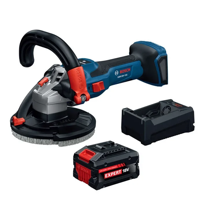 Bosch 18V 5 inch cordless concrete surface grinder kit featuring a dust shroud and a large 12.0Ah lithium ion battery on a concrete surface.