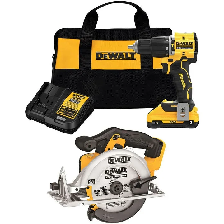 DeWalt Atomic 20V Max compact hammer drill and cordless circular saw with battery and charger.