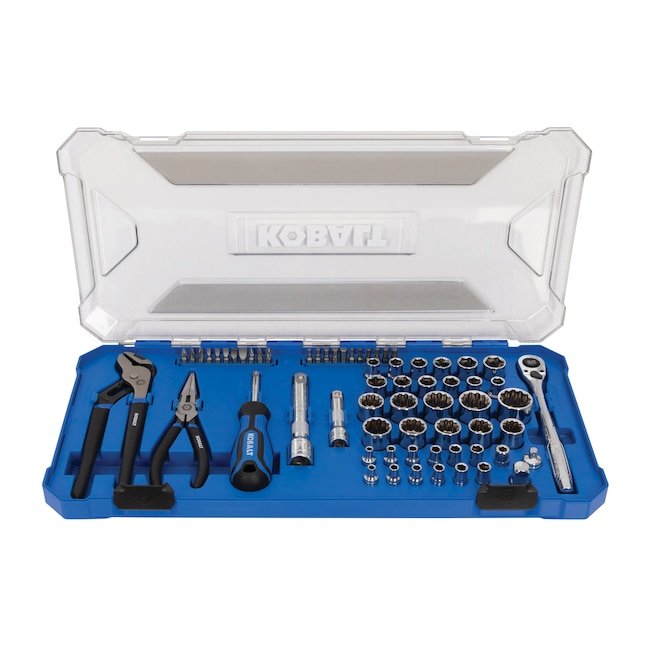 Kobalt 65 piece metric and standard mechanics tool set in a clear lid hard case showing the ratchet pliers and sockets