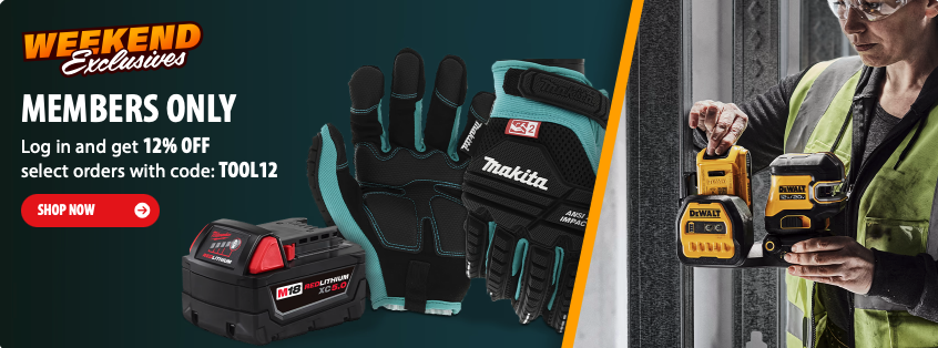 Acme Tools website displaying 12% off promotion for registered members with code TOOL12