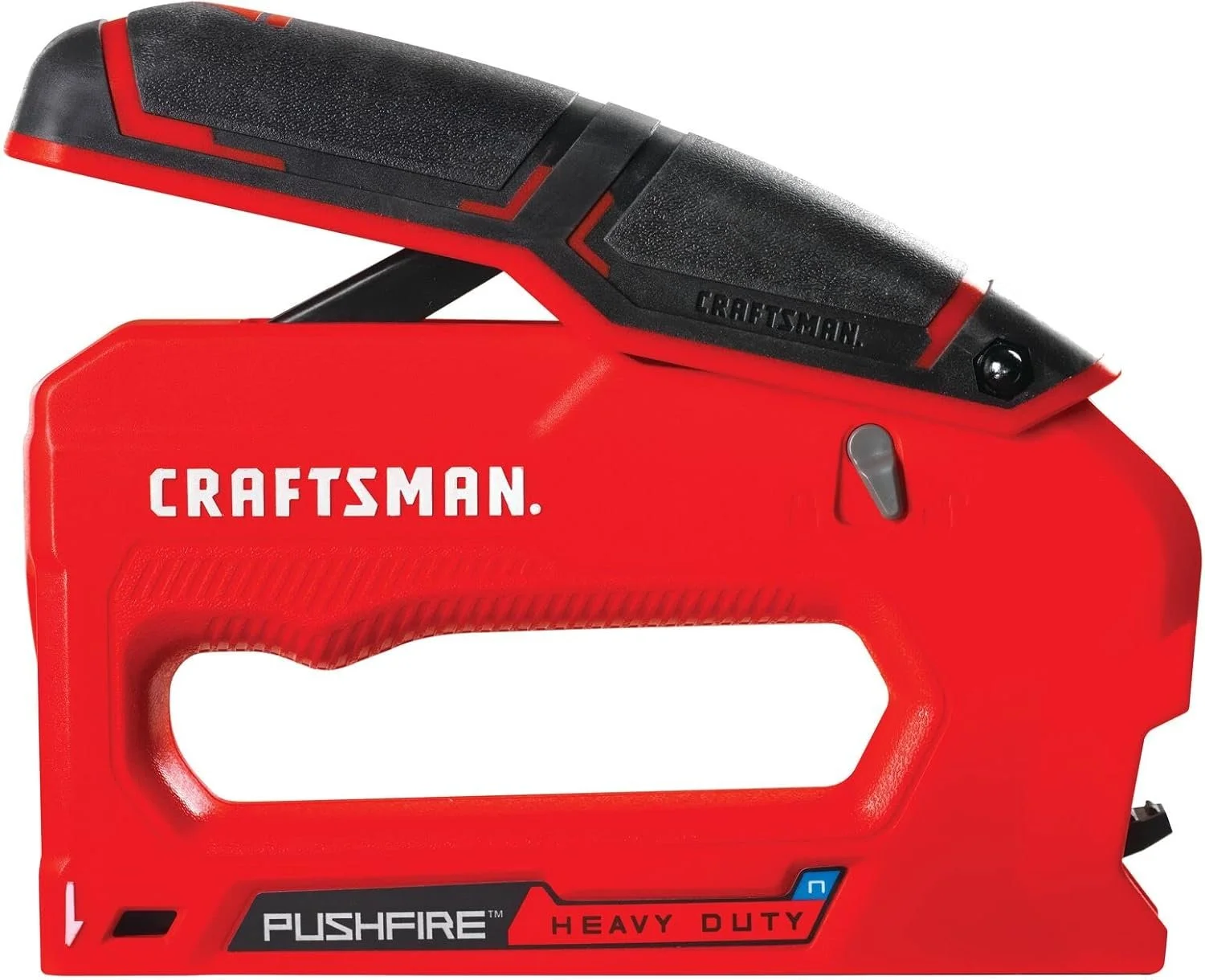Red and black CRAFTSMAN heavy duty reverse squeeze stapler with composite body and pushfire technology.