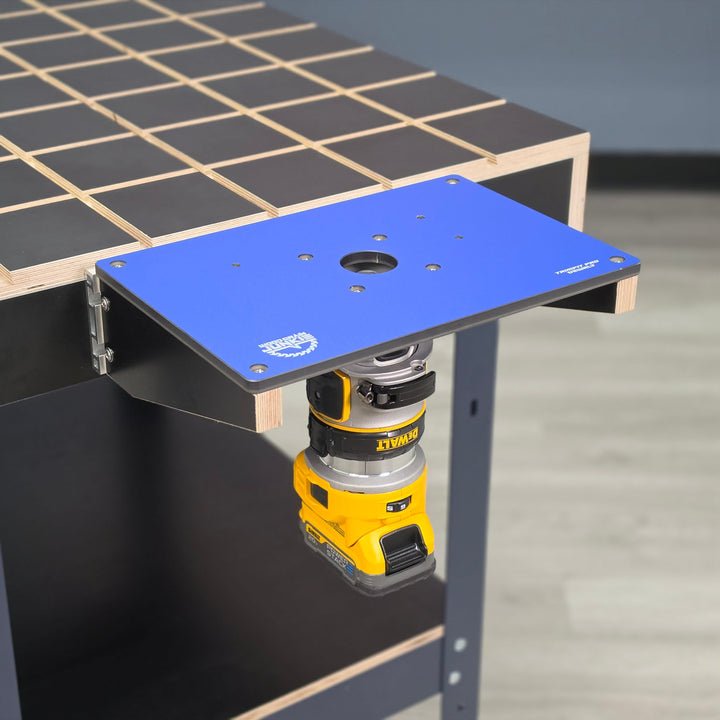 TrimFit Pro BenchMount trim router table with phenolic top and aluminum build mounted to a workbench, available at Faith Valley Tools for $179.99