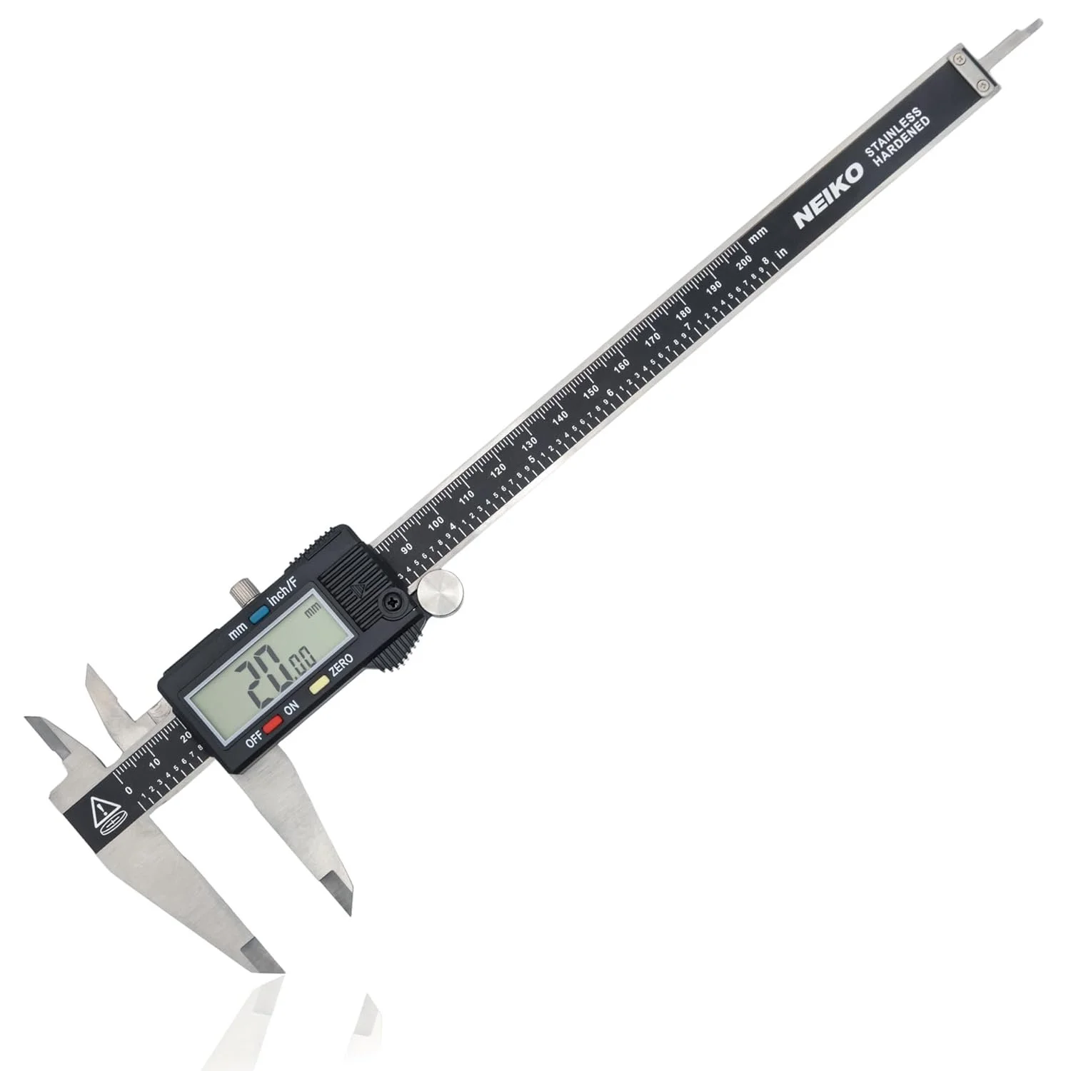 NEIKO 01408A 8 inch electronic digital caliper with extra large LCD display resting on a polished stainless steel measuring frame