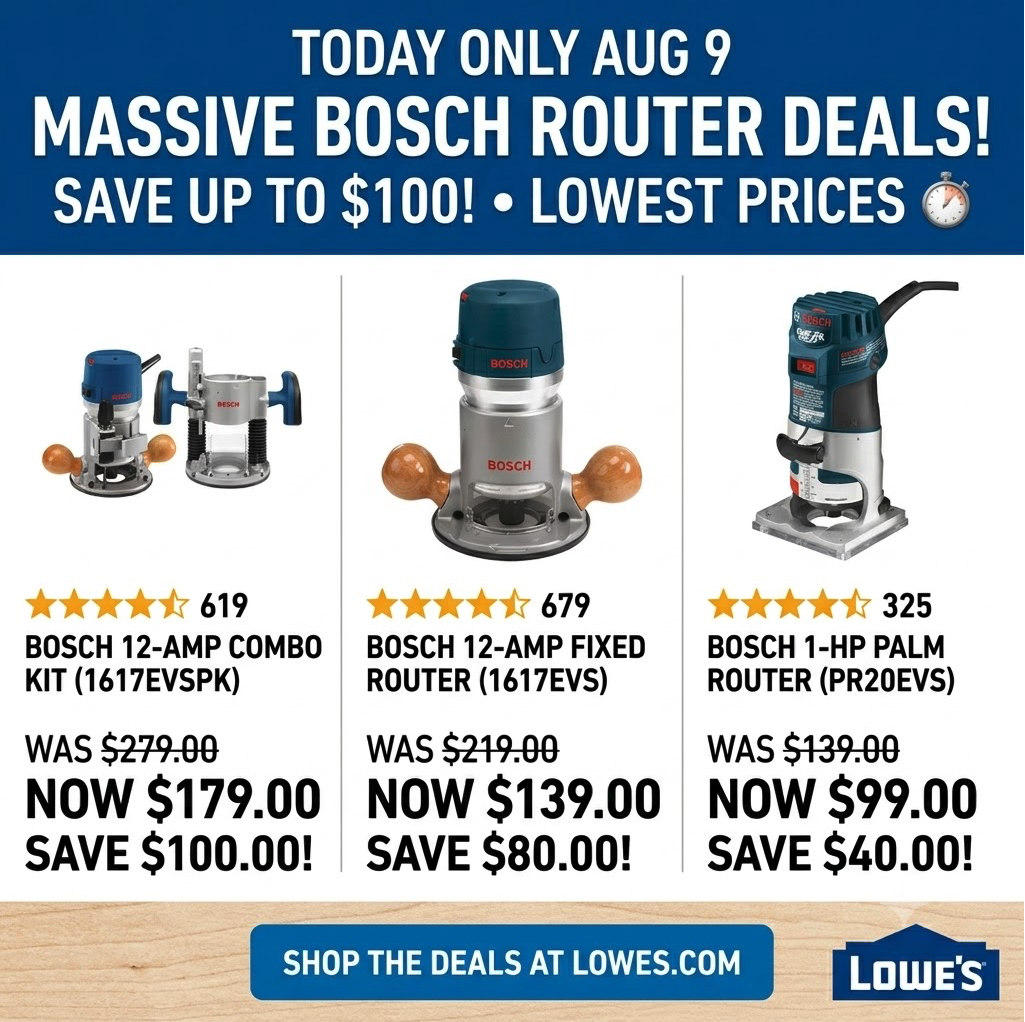 Bosch variable speed fixed and plunge routers including the combo kit and palm router sitting on a wooden workbench.