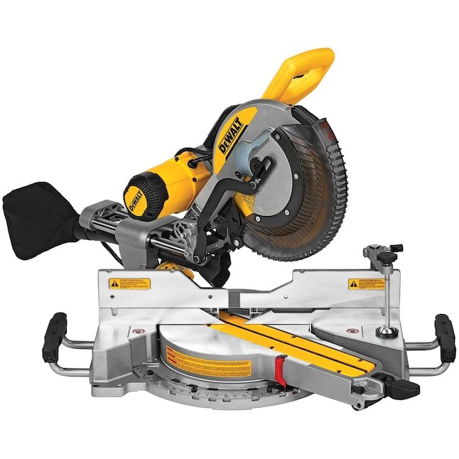 DEWALT 12 inch dual bevel sliding compound corded miter saw resting on a workshop stand