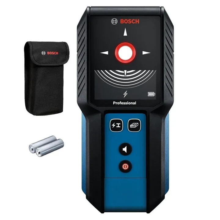 Bosch GMS120 wall scanner with graphical display and color coded marking ring for detecting studs, metal, pipes, and live wires