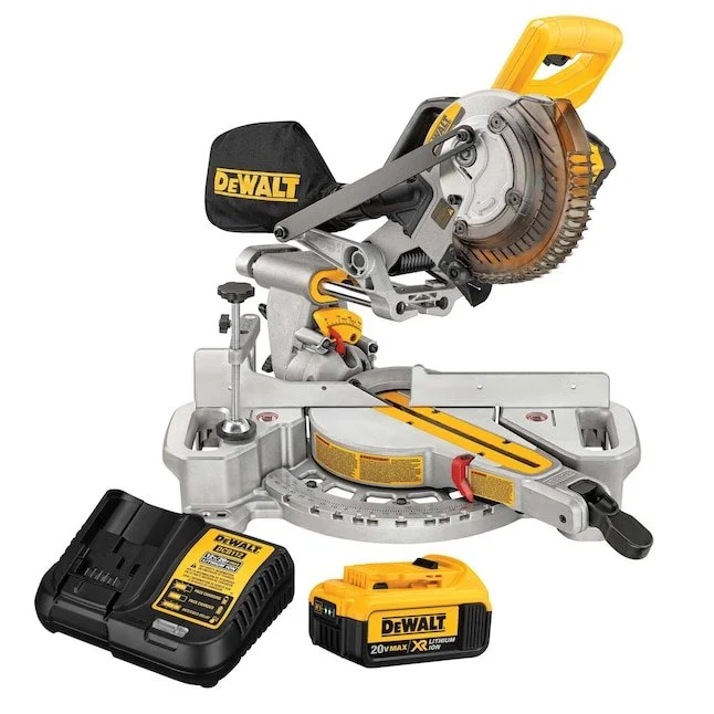 DEWALT DCS361 20V MAX 7-1/4 inch single bevel sliding compound cordless miter saw with battery $200 off today only at Lowe's