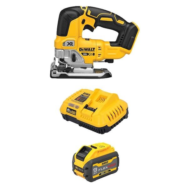 DeWalt 20V MAX XR cordless brushless jigsaw DCS334B with FLEXVOLT 9.0Ah battery and charger bundle for woodworking and remodeling