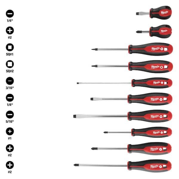 Milwaukee 10 piece combination screwdriver set with Phillips, slotted, and square drivers on sale at Home Depot for $32.97