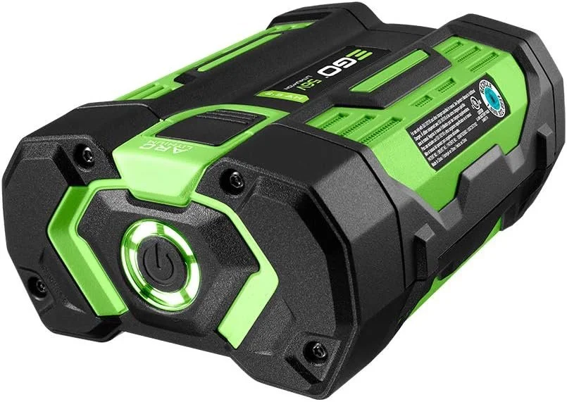 EGO POWER+ 56V 2.5Ah ARC Lithium Ion battery showing the fuel gauge indicator and green power status lights on sale for 50% off.