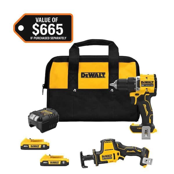 DEWALT ATOMIC 20V MAX Cordless Combo Kit featuring a compact drill driver, one handed reciprocating saw, two batteries, and a contractor bag.