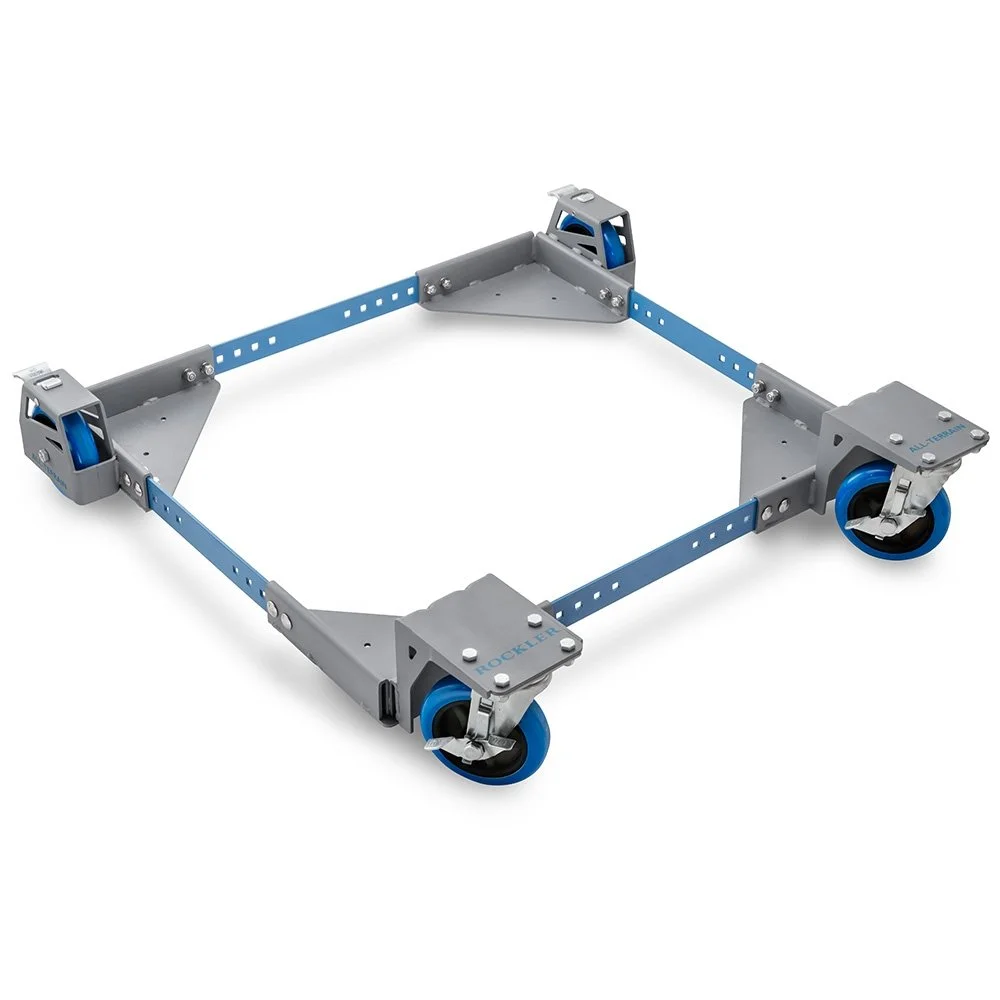 Rockler All Terrain Mobile Base on sale for $199.99, $60 off, featuring 8 gauge steel construction, 1,000 lb capacity, 5 inch urethane casters, and expandable footprint from 18 in. to 28 in. for moving heavy stationary shop machines.