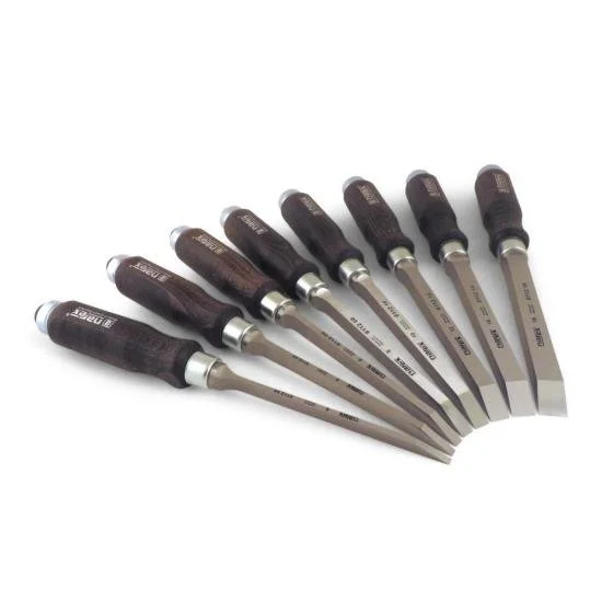 Narex Mortise Chisel Set with stained beech handles and chrome manganese steel blades on a woodworking workbench showing deal price.