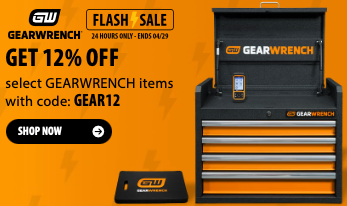 A wide variety of Gearwrench professional mechanics tools including ratchets and socket sets on a display.