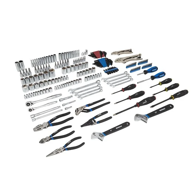 Kobalt 238 piece professional mechanics tool set featuring 90 tooth ratchets sockets wrenches and pliers in chrome finish.