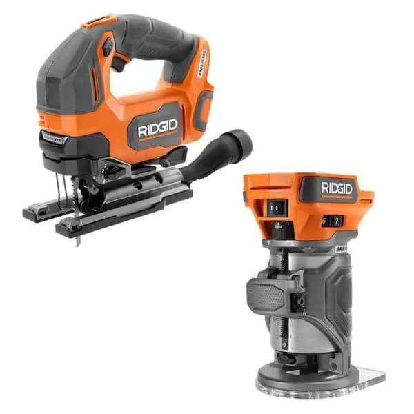 A RIDGID 18V brushless cordless jig saw and compact router sitting together to showcase the combo kit tool deal.