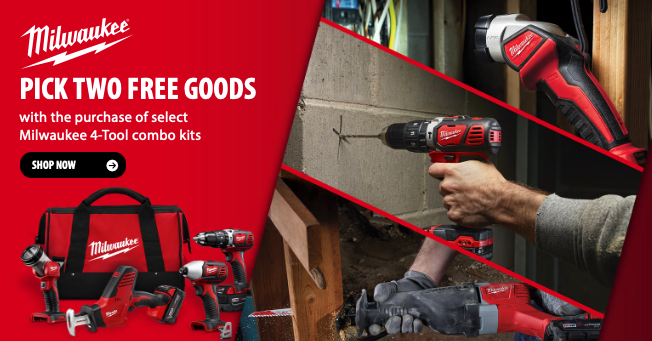 Milwaukee 4 Tool Combo Kit promotion at Acme Tools, buy a qualifying kit and get 2 free Milwaukee batteries or bare tools of your choice