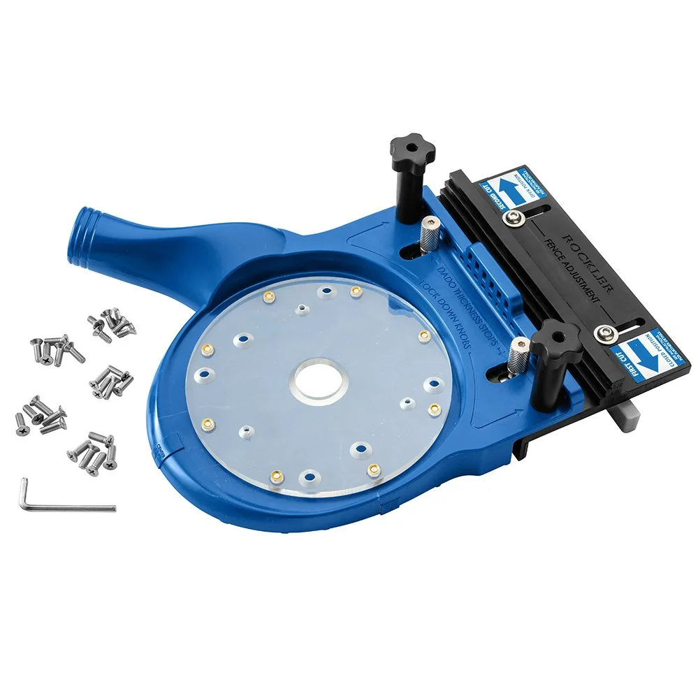 Rockler Perfect Fit Dado Jig in blue glass reinforced plastic showing the built in dust port and router mounting plate.