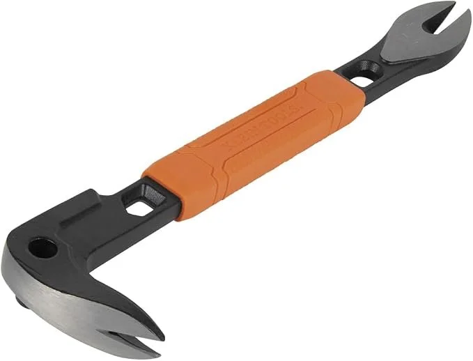 Klein Tools 66092 nail puller with integrated dimpler, a 10 inch heavy duty carbon steel cats paw pry bar with a black and orange TPR grip