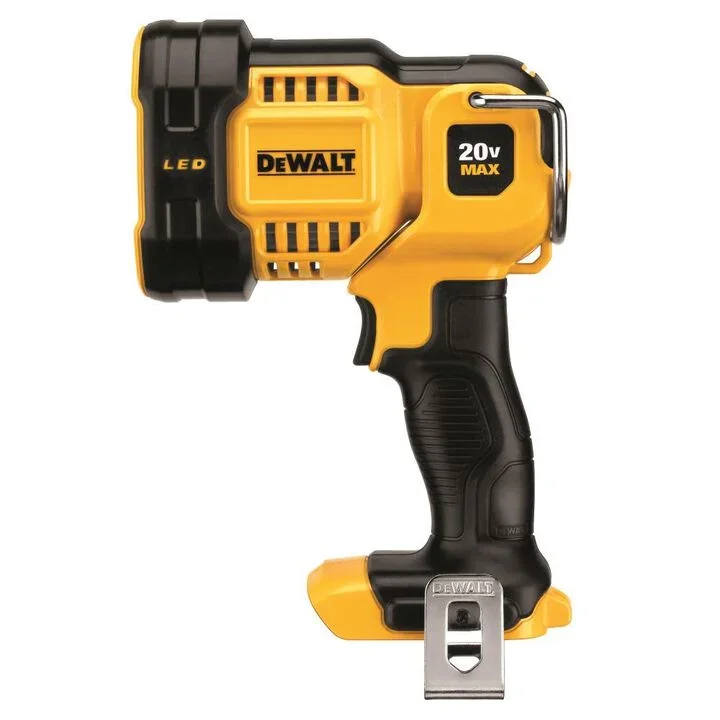 DeWALT 20V MAX Jobsite LED Spotlight bare tool with pivoting head and hanging hook.