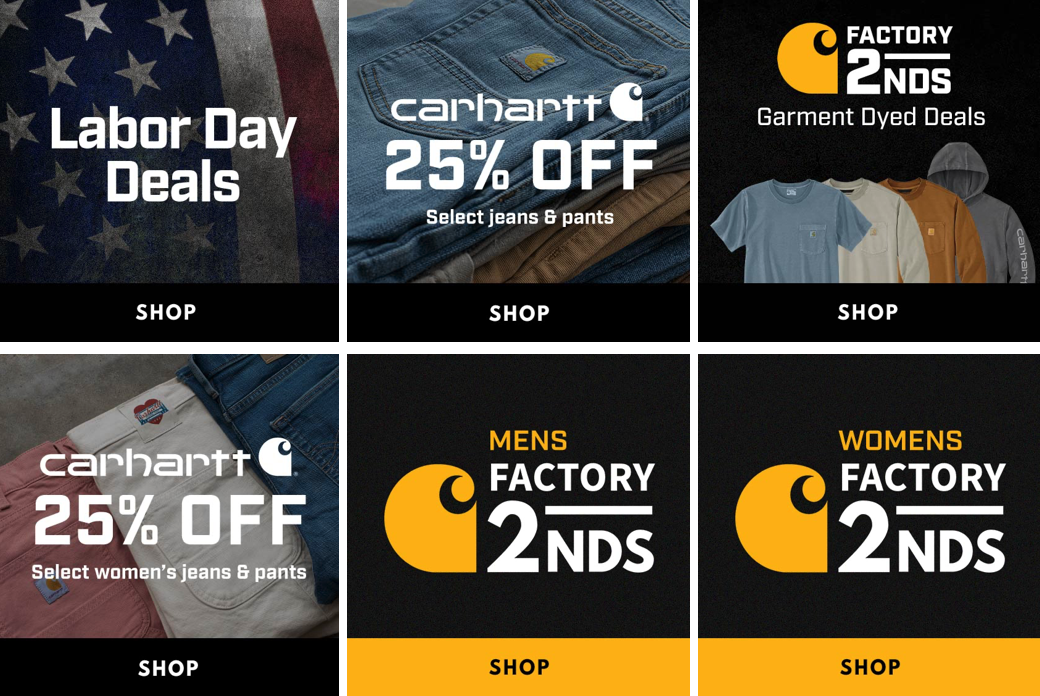 Carhartt Labor Day workwear sale featuring durable work jeans, work pants, and shirts at up to 25% off