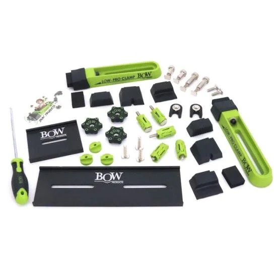 Bow Products Low Profile Clamping Kit with expandable dogs and interchangeable tips on a wooden workbench