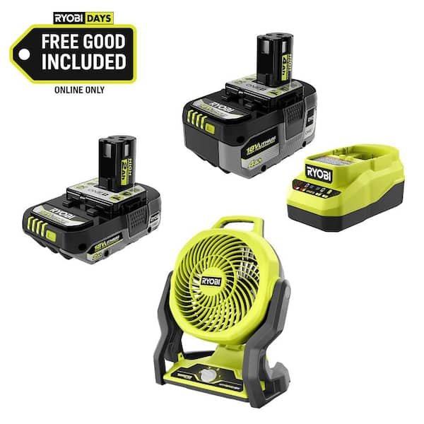 Ryobi ONE+ 18V HIGH PERFORMANCE Kit with 4.0 Ah battery, 2.0 Ah battery, charger, and free ONE+ Cordless Hybrid 7 1/2 inch fan on sale at Home Depot for $89, marked down from $158.