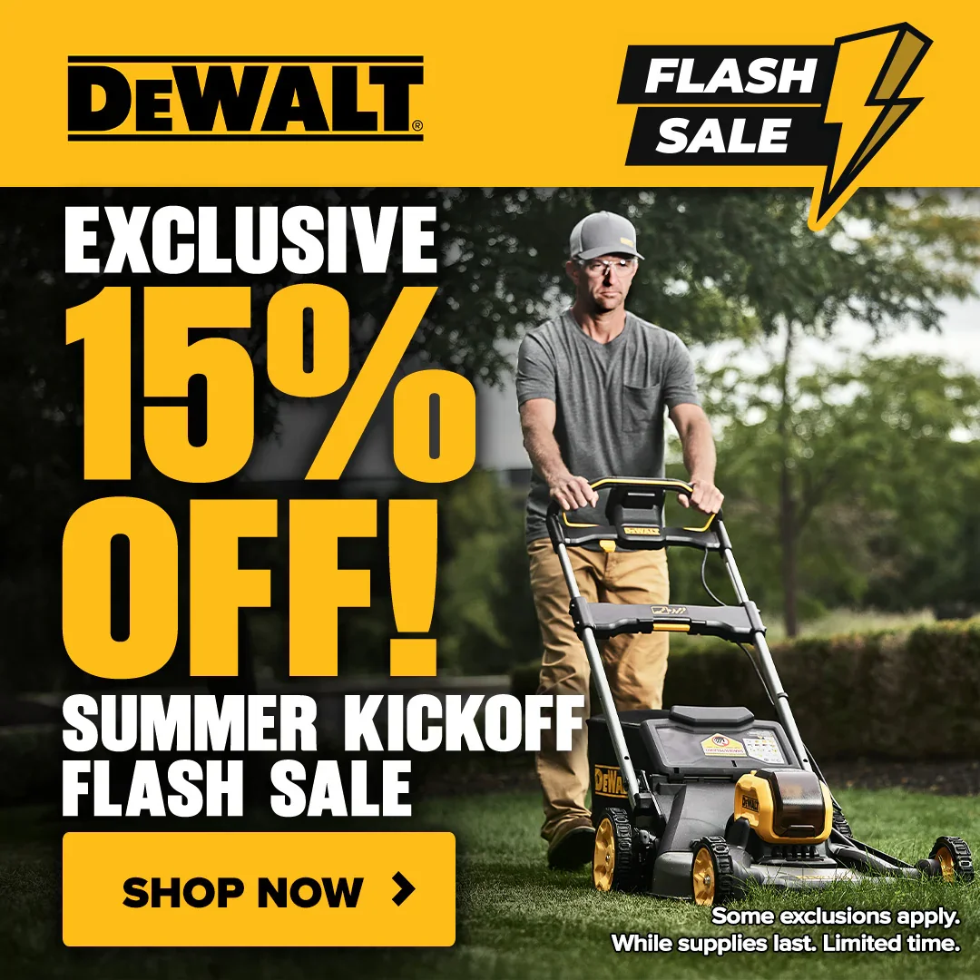 DeWalt cordless outdoor power equipment including chainsaw, blower, pressure washer, mower, and string trimmer 15% off at Tool Nut