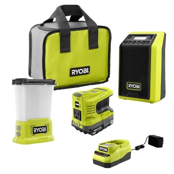 RYOBI ONE+ 18V cordless 3 tool storm combo kit with Bluetooth radio, LED area light, 150 watt power inverter, 2.0 Ah battery and charger on sale for $119