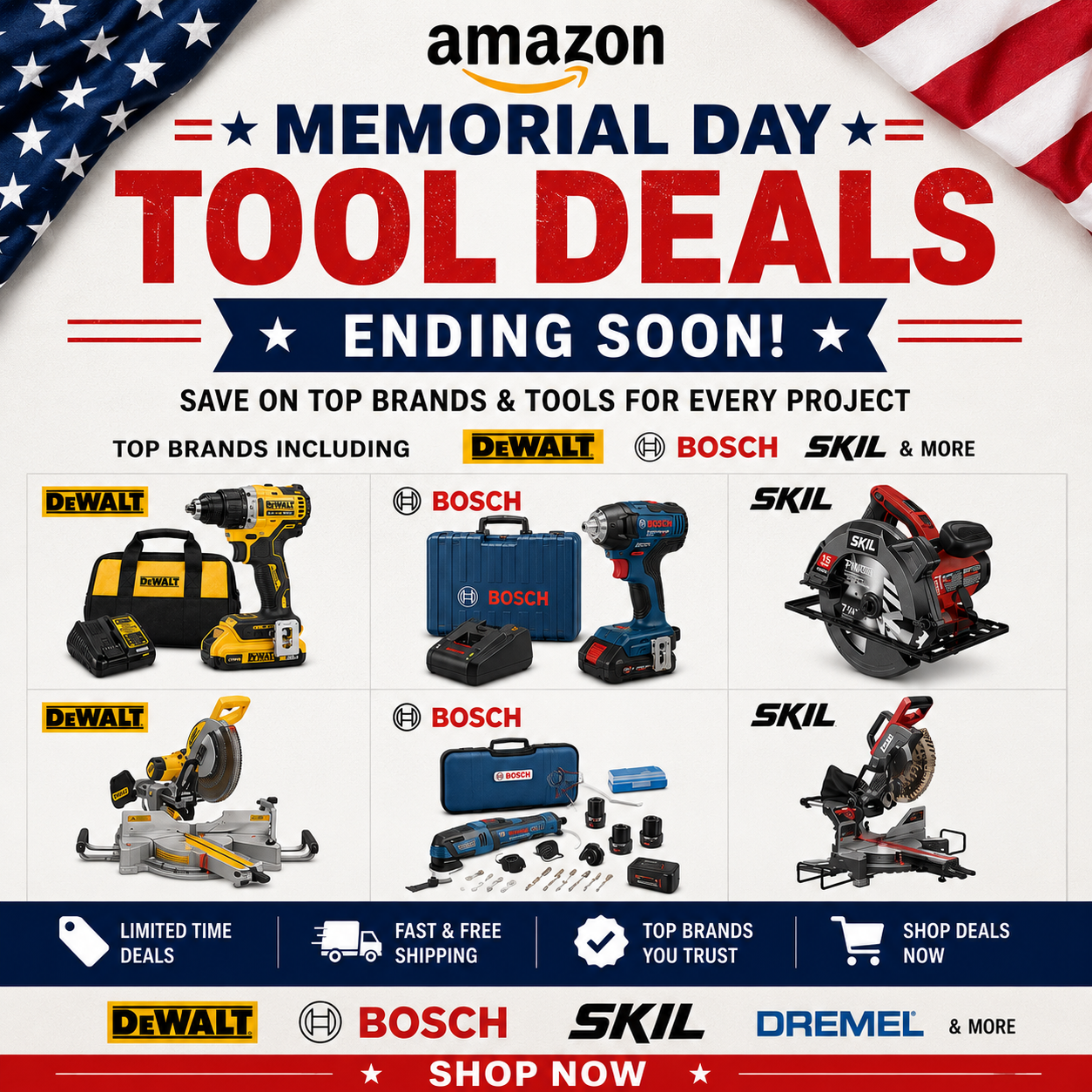 Assortment of professional power tools from DEWALT SKIL Bosch and Makita on display for the Amazon Memorial Day sale