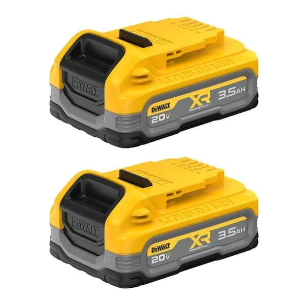 Two pack of DeWalt 20V MAX XR Powerstack 3.5 Ah lithium ion batteries showing the black and yellow casing and LED fuel gauge.