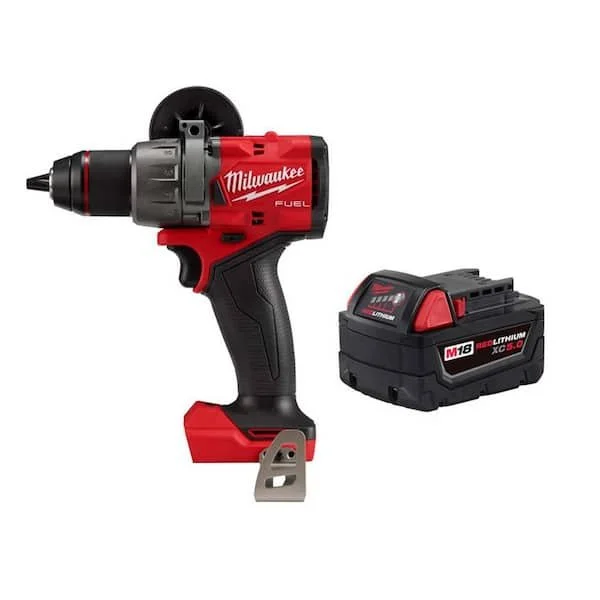 Milwaukee M18 FUEL 18V Brushless Cordless Hammer Drill with 5.0 Ah Battery on a white background