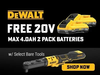 Two free DeWALT 20V MAX PowerStack 4.0Ah batteries offer with select DeWALT power tool purchases at Ohio Power Tool