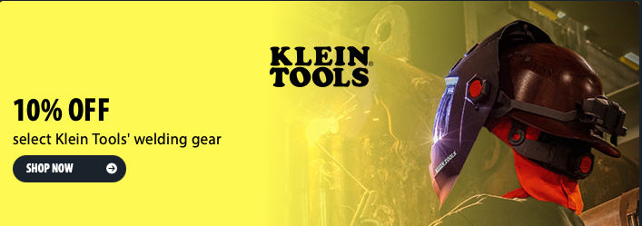 Professional Klein Tools welding safety gear including heavy duty leather gloves and protective apparel displayed on a neutral background.