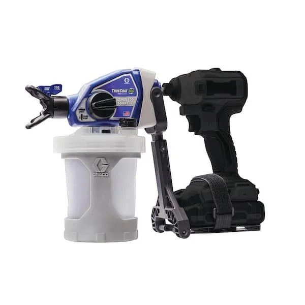 Graco TrueCoat 360 handheld cordless connect drill paint sprayer kit attached to a cordless drill with included small project cup and accessories.