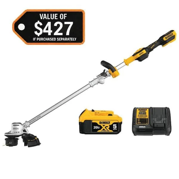 DeWALT 20V MAX 14 inch brushless cordless foldable string trimmer with 5 Ah battery and charger.