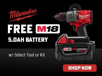 Free Milwaukee M18 REDLITHIUM 5.0Ah battery promotion with select M18 power tools and kits at Ohio Power Tool