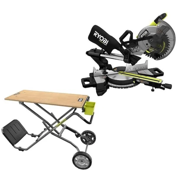 RYOBI ONE+ HP 18V Brushless 10 inch Sliding Compound Miter Saw mounted on a RYOBI SPEED BENCH Mobile Workstation.