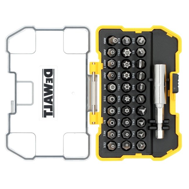 DEWALT 31 piece security screwdriver bit set with security star, hex, spanner, tri wing, and clutch bits in a case with belt clip
