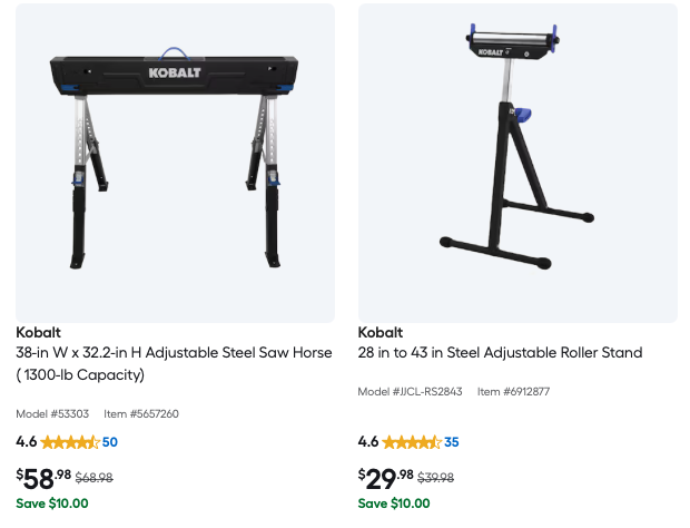 Kobalt folding saw horses and rolling miter saw stand on a workshop floor