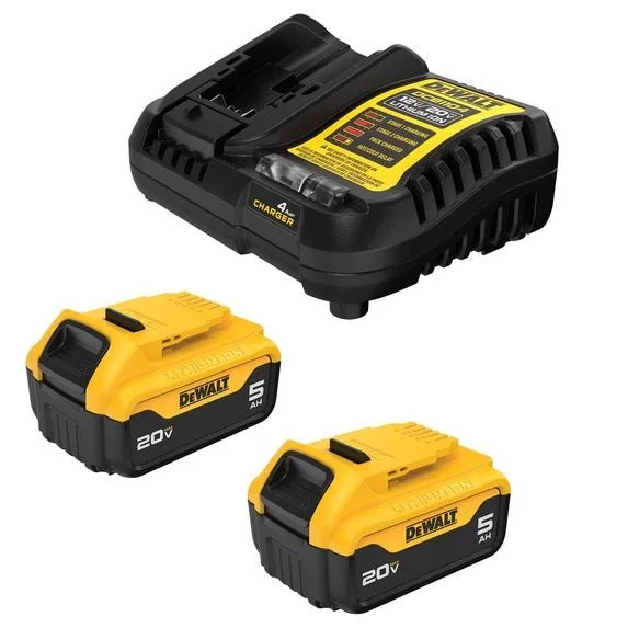 DEWALT 20V MAX 5.0Ah XR 2 Battery Starter Kit with charger and 2 free select bare tools on sale at Ohio Power Tool for $299 with free shipping, featuring lithium ion batteries with 3 LED fuel gauge and 60% more capacity.