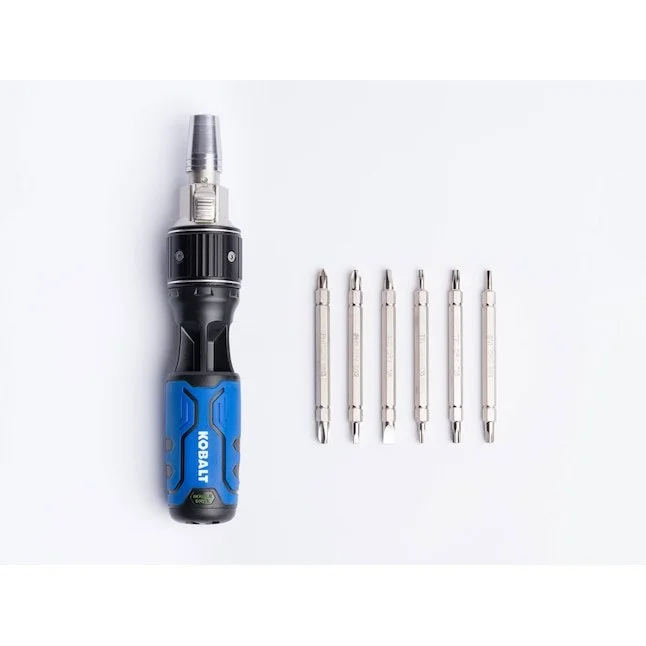 Kobalt multi bit ratcheting screwdrivers arranged on a white background