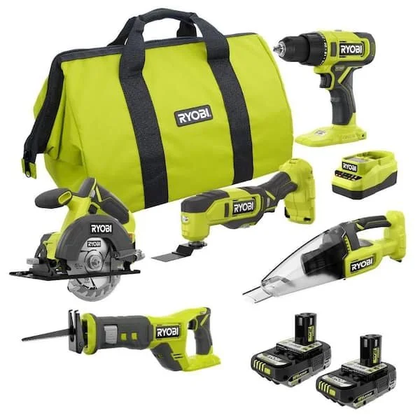RYOBI 18V ONE+ 5 Tool Cordless Combo Kit including drill circular saw sander vacuum light batteries and charger arranged together